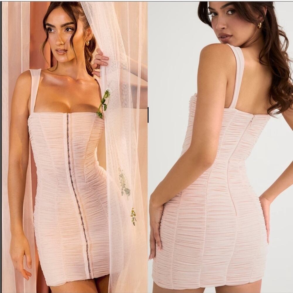 House of CB Cate Crystal Ruched Mesh Mini Bodycon Dress XL Pink